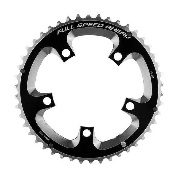 Full Speed Ahead Super Road Chainring, 110mm 5-bolt, 46T, Ramped/Pinned, Black/Silver