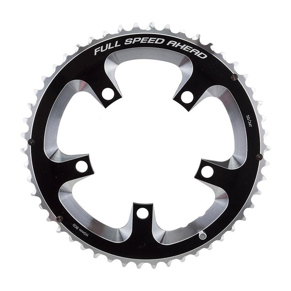 Full Speed Ahead Super Road Chainring, 110mm 5-bolt, 50T, Ramped/Pinned, Black/Silver