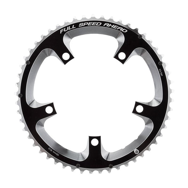 Full Speed Ahead Super Road Chainring, 130mm 5-bolt, 53T, Ramped/Pinned, Black/Silver