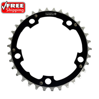 Origin8 Alloy Chainring, 110mm 5-bolt, 34T, Ramped/Pinned, Black/Silver