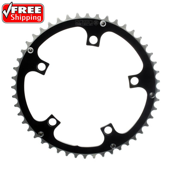 Origin8 Alloy Chainring, 130mm 5-bolt, 48T, Ramped/Pinned, Black/Silver